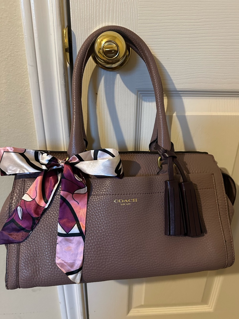 Coach Pebbled Leather Lilac Taupe Tassel Satchel Shoulder Bag EUC